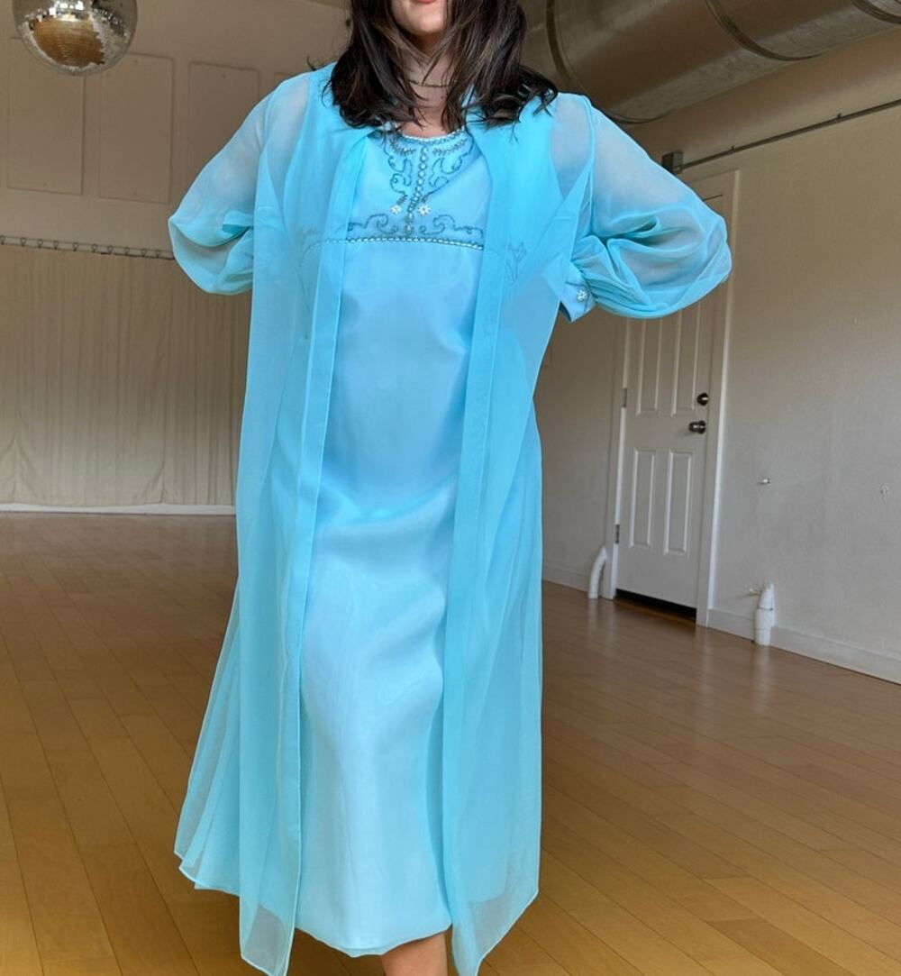Women's Large Gown Robins Egg Blue Chiffon Full Length Sleeveless A-Line Dress